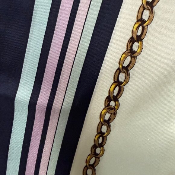 Talbots Women's Scarf Shawl Silk Cream Blue Chain Stripe Print Equestrian - Picture 3 of 7